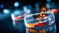 A petri dish filled with bright glowing microcells on a laboratory surface, symbolizing biotechnology, research, and Royalty Free Stock Photo