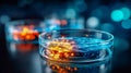 A petri dish filled with bright glowing microcells on a laboratory surface, symbolizing biotechnology, research, and Royalty Free Stock Photo