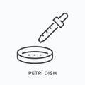 Petri dish and pipette flat line icon. Vector outline illustration of microbiology. Black thin linear pictogram for