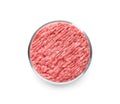 Petri dish with raw minced cultured meat on white background, top view Royalty Free Stock Photo