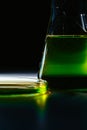 Petri dishand retort with green and blue with a chemical reagent. Chemical experiment with Laboratory glass Royalty Free Stock Photo