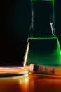 Petri dishand retort with green and blue with a chemical reagent. Chemical experiment with Laboratory glass Royalty Free Stock Photo