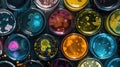 Petri dishes with colorful bacterial colonies