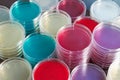 Petri dishes stacked in workbench of laboratory Royalty Free Stock Photo