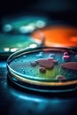 Petri plate with bacteria cells on black background, created using generative ai technology
