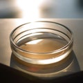 Petri plate with clear fluid on table in lab, created using generative ai technology