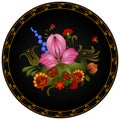 Petrikov painting. Vintage floral ornament on black round plate