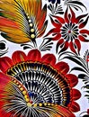 Petrikovka`s painting. Colorful painting flower with leaves. Traditional Ukrainian painting.