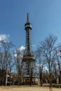 Petrin Lookout Tower, Prague, Czech republic.Steel tower 63.5 metres tall on Petrin Hill built in 1891.Observation transmission Royalty Free Stock Photo