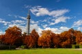 The Petrin observation and communication tower in Prague with red foliage, Czech Republic Royalty Free Stock Photo