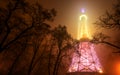 Petrin Tower in Prague at Night in Fog Royalty Free Stock Photo