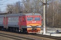 The head car of the suburban electric train ET2M-123. Slavyanka station, Oktyabrskaya railway