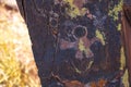 A petroglyph is an image created of an astronaut by removing part of the surface of a rock by incising, chipping, carving a form