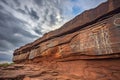 petroglyphs on a cliff face with dramatic sky background