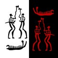 Petroglyphs of two ancient warriors with axes and a drakkar, vector illustration. Ancient drawings on the stones of