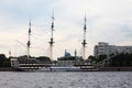 Petrogradskaya embankment, three-masted sailboat restaurant on the water