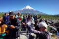 Crowd of tourist people against Osorno Volcano peak