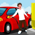 Frightened driver refuels the car. Royalty Free Stock Photo