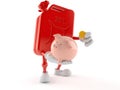 Petrol canister character holding piggy bank