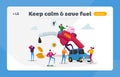 Petrol Economy, Car Refueling on Fuel Station Landing Page Template. Tiny Characters around Huge Pumping Gasoline Hose