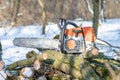 Petrol or electric battery powered chainsaw. Chainsaw on wooden stump or firewood. Firewood processing