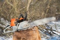 Petrol or electric battery powered chainsaw. Chainsaw on wooden stump or firewood. Firewood processing