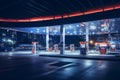 Petrol gas station with city building and neon light at night. Generative AI