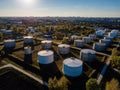 Petrol industrial zone. Aerial view of round tanks