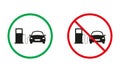 Petrol Station Red and Green Warning Signs. Gas Station Silhouette Icons Set. Gasoline Fuel Service Allowed and Royalty Free Stock Photo