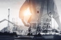 Petroleum Industry Oil and Gas Refinery Plant, Double Exposure of Factory Service Engineer With Process Building Oil Manufacturing Royalty Free Stock Photo