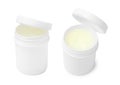 Petroleum jelly in jar on white background, different sides. Cosmetic petrolatum