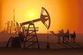 Petroleum pumpjack and camel riders in the desert near Dubai city