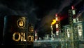 petroleum refinery plant with oil barrels at night, fictitious design - industrial 3D rendering