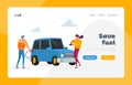 Petroleum Station Refueling Service Landing Page Template. Characters on Gas Station, Worker Hold Filling Gun Royalty Free Stock Photo