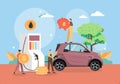 Filling station, tiny characters refueling car, vector flat illustration Royalty Free Stock Photo