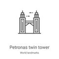 petronas twin tower icon vector from world landmarks collection. Thin line petronas twin tower outline icon vector illustration.