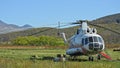 Petropavlovsk-Kamchatskiy, Russia, September 20, 2020, Contemporary aircraft and nature dog walks near helicopter