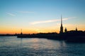 Petropavlovskaya fortress. Autumn city skyline at sunset, Neva river.