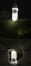 Petrovaradin clock tower at night with reflection in a pond of w