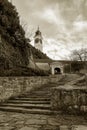 Stairs, gate and clock tower Royalty Free Stock Photo