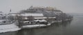 Petrovaradin fortress in winter, with snow, fog and rime ice on the trees, Vojvodina, travel to Serbia