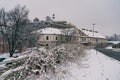 Petrovaradin fortress in winter, with snow, fog and rime ice on the trees, Vojvodina, travel to Serbia