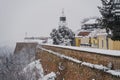 Petrovaradin fortress in winter, with snow, fog and rime ice on the trees, Vojvodina, travel to Serbia