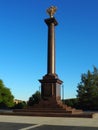Petrozavodsk, Karelia, August 3, 2022 Monument-stele City of military glory, honorary title. Granite column with a bronze double-