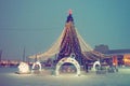 Petrozavodsk, Karelia, January 10, 2023. Kirov Square. New Year Glowing garlands hang over the Christmas tree. Outdoor