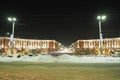 Petrozavodsk, Karelia, Russia, 01.13.2024: Gagarin Square, view of Lenin Avenue, Christmas trees. Winter evening or