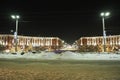 Petrozavodsk, Karelia, Russia, 01.13.2024: Gagarin Square, view of Lenin Avenue, Christmas trees. Winter evening or