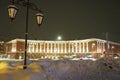 Petrozavodsk, Karelia, Russia, 01.13.2024: Gagarin Square, view of Lenin Avenue, Christmas trees. Winter evening or