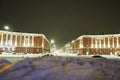 Petrozavodsk, Karelia, Russia, 01.13.2024: Gagarin Square, view of Lenin Avenue, Christmas trees. Winter evening or