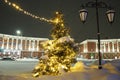 Petrozavodsk, Karelia, Russia, 01.13.2024: Gagarin Square, view of Lenin Avenue, Christmas trees. Winter evening or